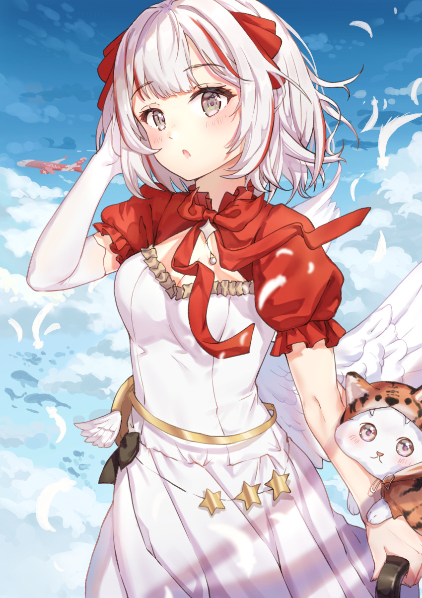 1girl, :o, absurdres, angel_wings, aozora_kurumi, arm_at_side, blue_sky, breasts