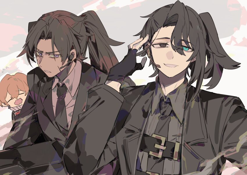 3boys, belt, black_coat, black_eyes, black_hair, black_jacket, black_necktie, blonde_hair