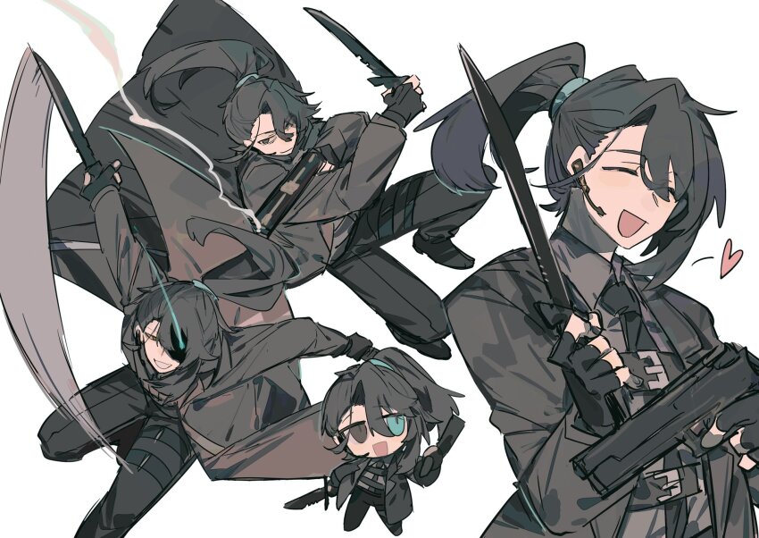 1boy, black_coat, black_eyes, black_footwear, black_gloves, black_necktie, black_pants, blue_eyes