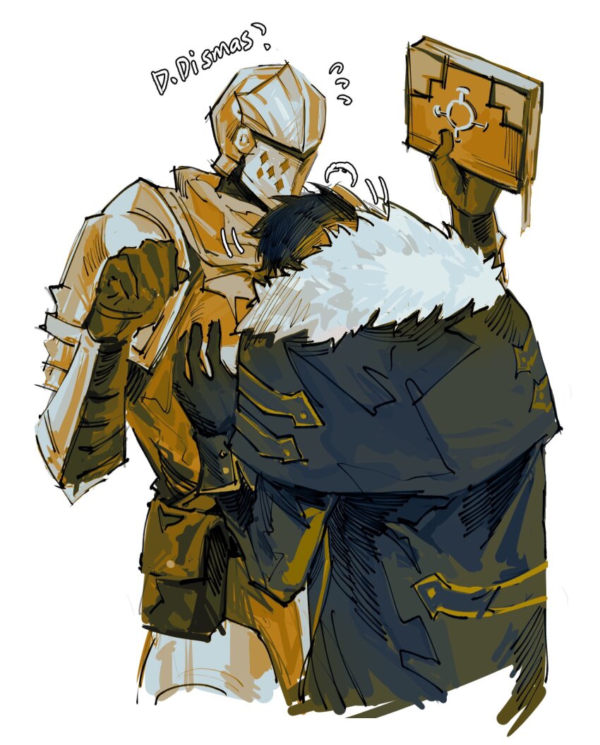 2boys, 3583367063_xd, arm_up, armor, armored_gloves, belt, book, breastplate, coat, commentary, cropped_legs, crusader_(darkest_dungeon), darkest_dungeon, darkest_dungeon_ii, english_text, faulds, flying_sweatdrops, fur-trimmed_coat, fur_trim, gloves, hand_on_another's_chest, highres, highwayman_(darkest_dungeon), holding, holding_book, knight, long_sleeves, male_focus, motion_lines, multiple_boys, pauldrons, pouch, scarf, short_hair, shoulder_armor, sleeve_cuffs, sweatdrop