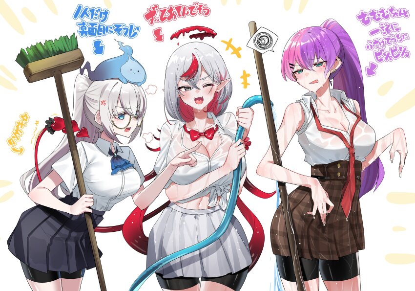 3girls, absurdres, anger_vein, aqua_eyes, arrow_(symbol), ascot, bike_shorts, bike_shorts_under_skirt