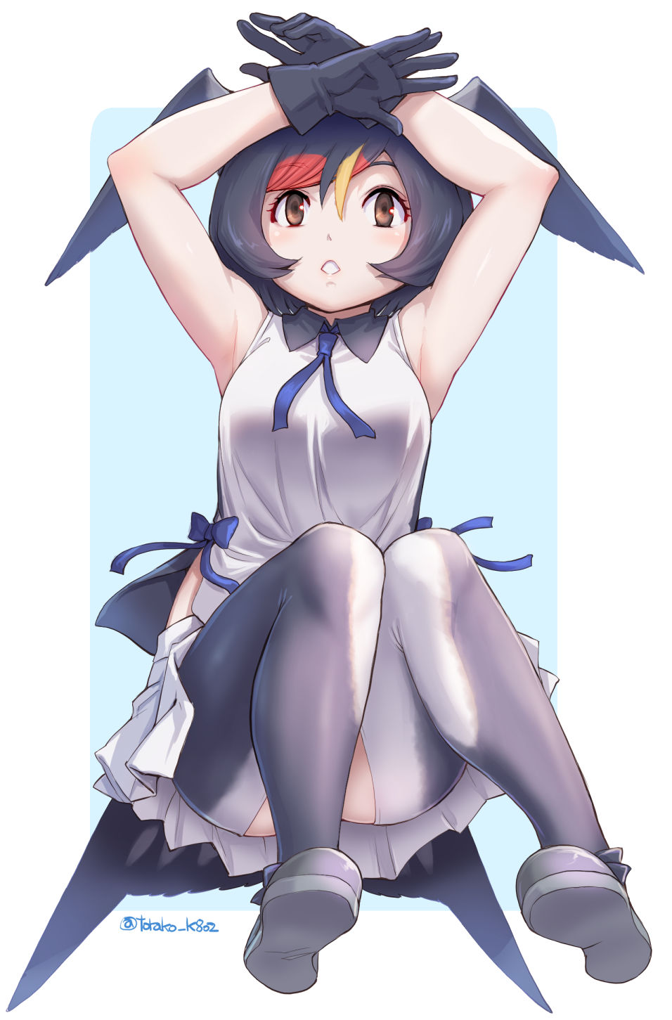 1girl, arms_up, bare_shoulders, barn_swallow_(kemono_friends), bird_girl, bird_tail, bird_wings, black_collar