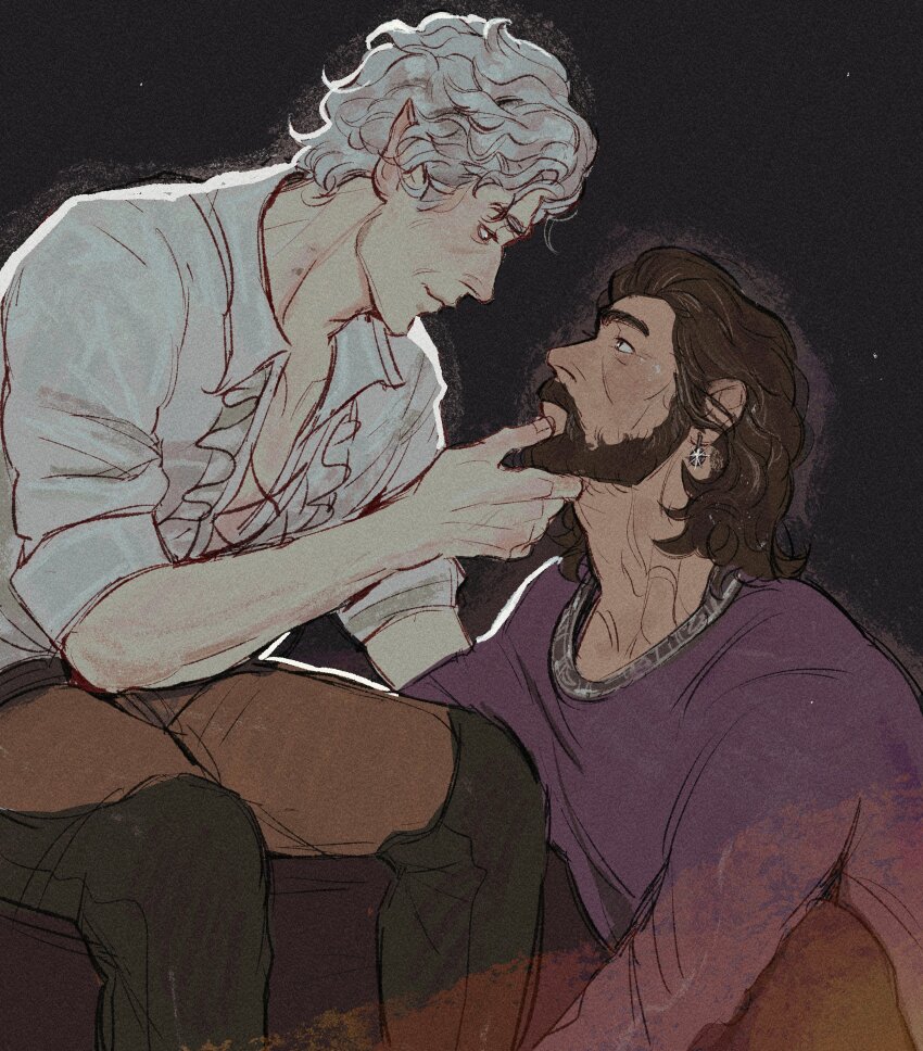 2boys, absurdres, astarion, baldur's_gate, baldur's_gate_3, beard, black_background, black_pants, brown_hair, closed_mouth, collared_shirt, commentary, couple, dungeons_&amp;_dragons, earrings, english_commentary, eye_contact, facial_hair, film_grain, frilled_shirt, frills, gale_(baldur's_gate), hand_on_another's_chin, highres, jewelry, kneeling, long_hair, looking_at_another, lurrlonde, male_focus, multiple_boys, open_collar, pants, piercing, pointy_ears, profile, purple_shirt, shirt, sitting, sleeve_cuffs, smile, wavy_hair, white_hair, white_shirt, wing_collar, yaoi