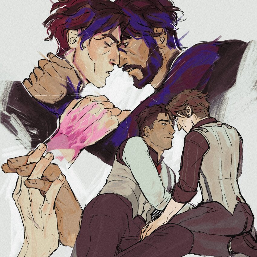 2boys, absurdres, arcane:_league_of_legends, arcane_jayce, arcane_survivor_jayce, beard, black_footwear, black_pants, black_shirt, closed_eyes, collared_shirt, commentary, couple, english_commentary, eye_contact, facial_hair, fingernails, forehead-to-forehead, hair_behind_ear, hand_on_another's_arm, hand_on_another's_leg, hand_on_another's_neck, heads_together, highres, holding_hands, jayce_(league_of_legends), kneeling, league_of_legends, looking_at_another, lurrlonde, lying, male_focus, multiple_boys, necktie, on_side, pants, parted_lips, popped_collar, red_necktie, shirt, sleeve_cuffs, vest, viktor_(arcane), viktor_(league_of_legends), white_vest, yaoi