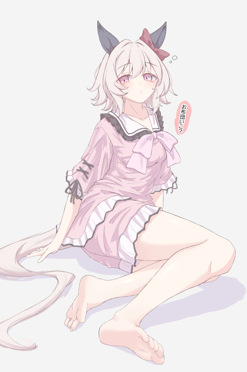 1girl, animal_ears, barefoot, blue_eyes, curren_chan_(umamusume), feet, highres, horse_ears