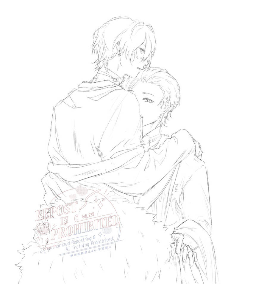 2boys, alternate_hairstyle, formal_clothes, greyscale, highres, kdj_225, looking_at_viewer, male_focus, monochrome, multiple_boys, selfcest, simple_background, suit, white_background, wise_(zenless_zone_zero), zenless_zone_zero