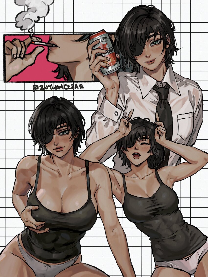 1girl, absurdres, alcohol, beer, beer_can, black_camisole, black_hair, black_necktie