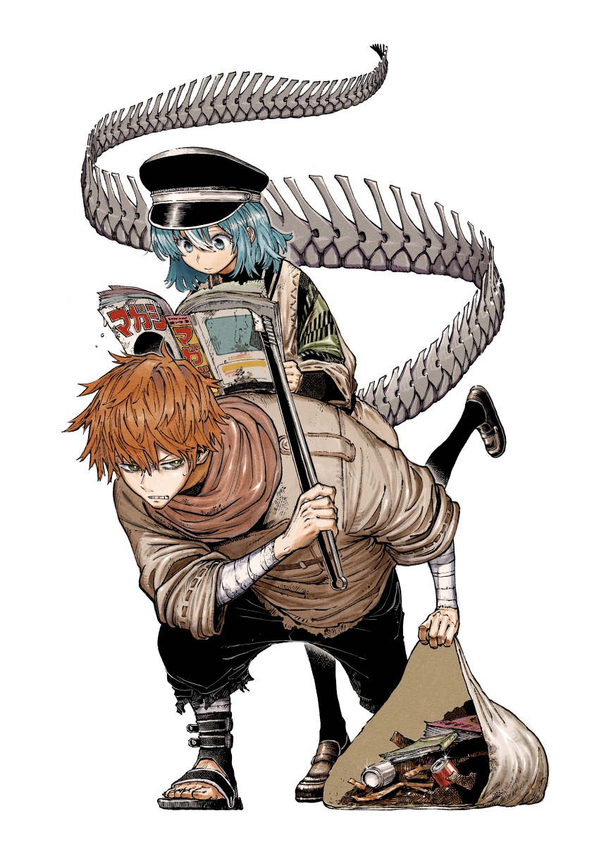 1boy, 1girl, absurdres, aqua_eyes, aqua_hair, bag, bandaged_arm, bandages