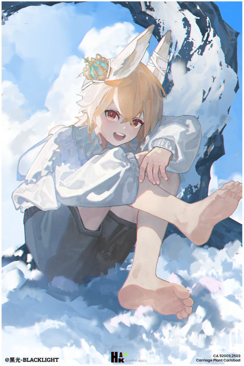 1boy, absurdres, animal_ears, barefoot, black_shorts, blonde_hair, blue_sky, cloud, crown, feet, full_body, hair_between_eyes, highres, legs, long_sleeves, looking_at_viewer, male_focus, mini_crown, open_mouth, original, outdoors, rabbit_boy, rabbit_ears, red_eyes, shirt, short_hair, shorts, sitting, sky, smile, snow, soles, solo, teeth, the-blacklight, toes, upper_teeth_only, white_shirt