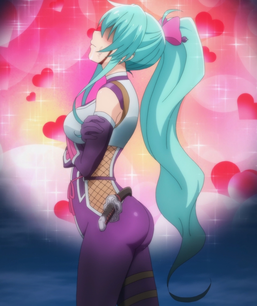 1girl, anime_screenshot, aqua_hair, arms_under_breasts, ass, blood, bodysuit, breasts