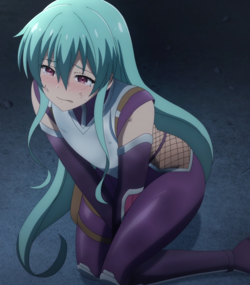 1boy, anime_screenshot, aqua_hair, blush, bodysuit, crop_top, detached_sleeves, hair_between_eyes, highres, long_hair, long_sleeves, mole, mole_under_mouth, momochi_ayame, momochi_ayame_(neet_kunoichi), neet_de_otaku_na_kunoichi_to_naze_ka_dousei_hajimemashita, purple_bodysuit, red_eyes, ribbon, solo, stitched, tearing_up, third-party_edit, trap