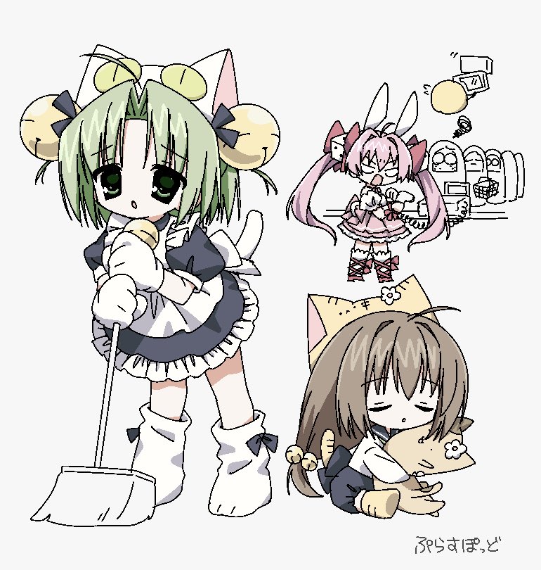 3girls, :o, ahoge, animal, animal_ears, animal_hands, animal_hat, animal_hug, apron, back_bow, bell, blank_eyes, blue_dress, blue_ribbon, blue_sailor_collar, blue_shorts, boots, bow, broom, brown_hair, cash_register, cat, cat_girl, cat_hat, cat_tail, closed_eyes, dejiko, di_gi_charat, dice_hair_ornament, dress, full_body, furrowed_brow, gema, gloves, green_eyes, green_hair, grey_background, hair_bell, hair_bow, hair_intakes, hair_ornament, hair_ribbon, hat, hokke_mirin, holding, holding_broom, jaggy_lines, jingle_bell, long_hair, low_twintails, medium_hair, mittens, multiple_girls, neck_bell, no_nose, open_mouth, pale_skin, parted_bangs, paw_gloves, paw_shoes, petticoat, pink_hair, pink_shoes, pink_skirt, pluspod, puchiko, puffy_short_sleeves, puffy_sleeves, rabbit_ears, red_bow, ribbon, sailor_collar, sailor_shirt, shirt, shoes, short_sleeves, shorts, simple_background, skirt, socks, tail, twintails, two_side_up, usada_hikaru, v-shaped_eyebrows, white_apron, white_bow, white_footwear, white_hat, white_mittens, white_shirt, white_socks, yellow_boots, yellow_hat