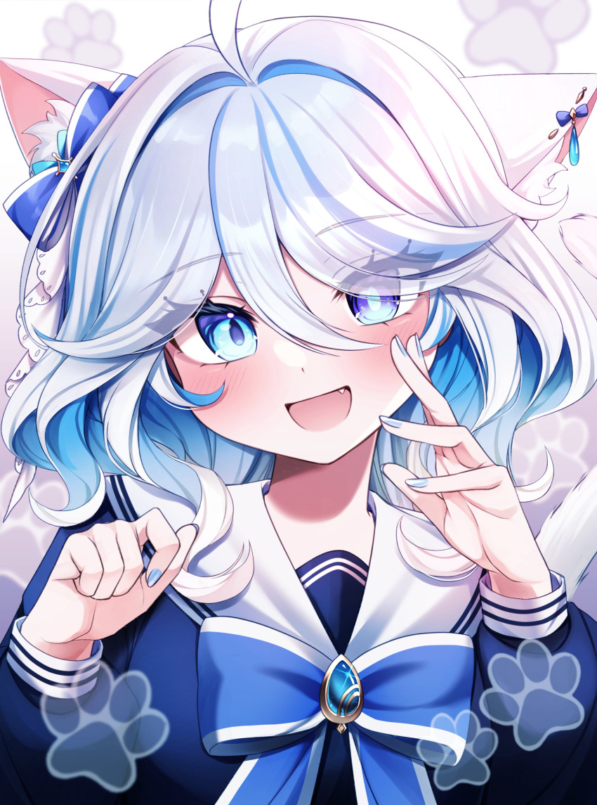 1girl, absurdres, ahoge, animal_ears, blue_eyes, blue_shirt, cat_ears, cat_girl, cat_tail, close-up, dasom, fang, furina_(genshin_impact), genshin_impact, heterochromia, highres, looking_at_viewer, medium_hair, mismatched_pupils, nail_polish, sailor_collar, school_uniform, serafuku, shirt, smile, solo, tail, white_hair