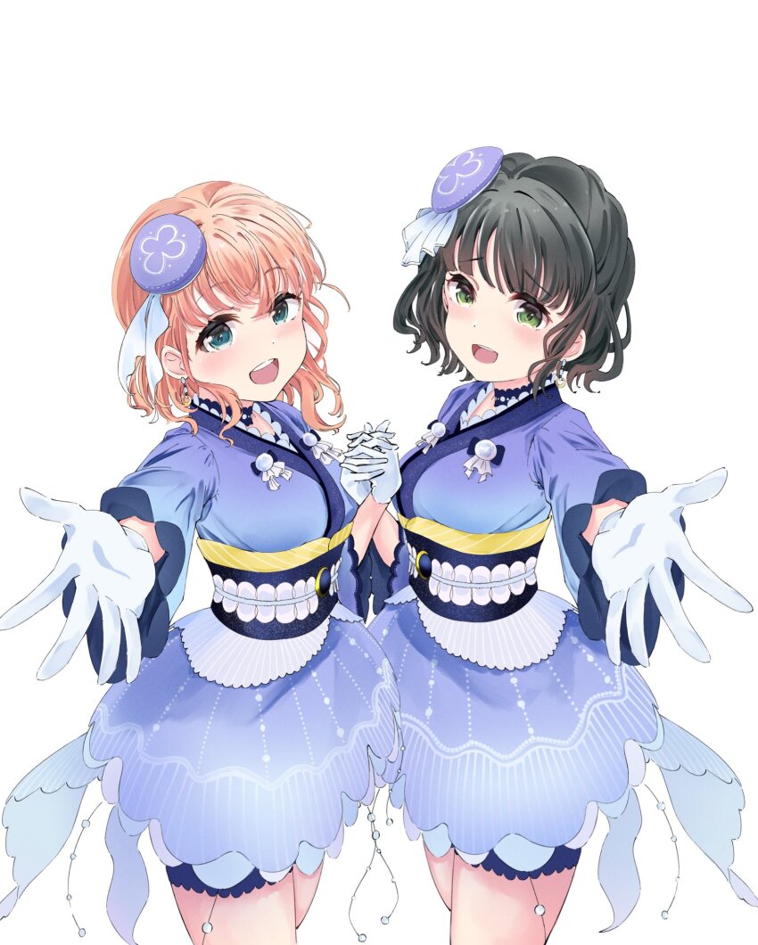 2girls, :d, aqua_eyes, beret, bike_shorts, bike_shorts_under_skirt, black_hair, blue_hat