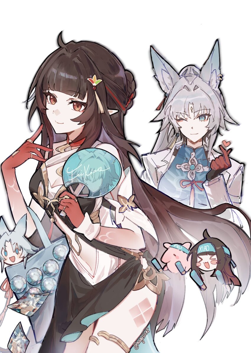 >_<, 2girls, animal_ears, aqua_headband, badge, black_outline, blush_stickers, brown_hair