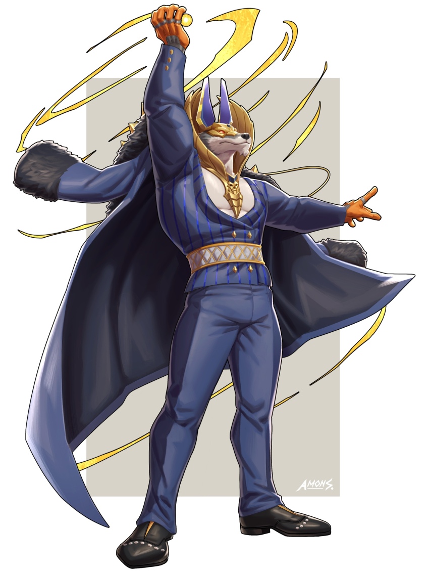 1boy, amonsyd, animal_ears, arm_up, black_footwear, blue_coat, blue_pants, blue_suit