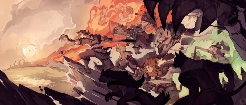 3girls, 6+boys, absurdres, afk_(series), afk_journey, alsa_(afk), animal_ears, antandra_(afk)