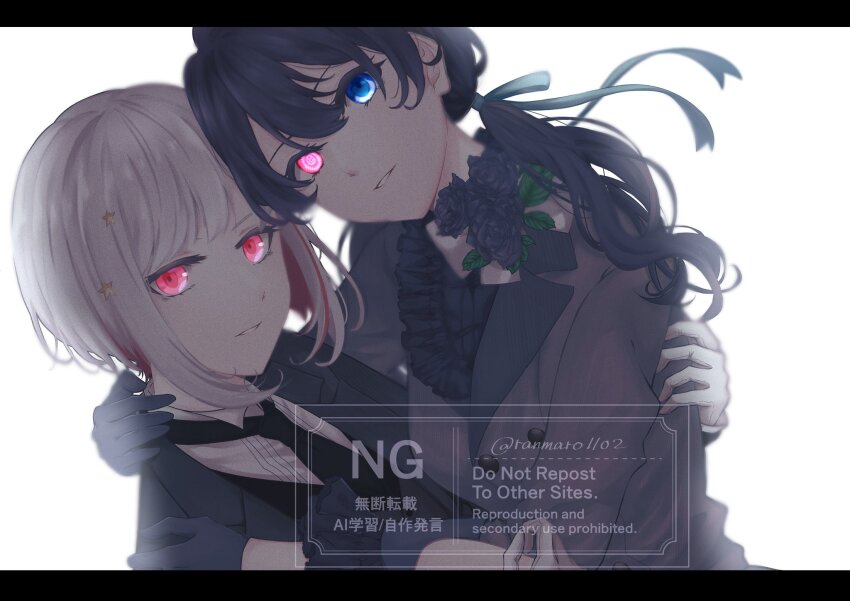 2girls, alternate_universe, black_flower, black_gloves, black_hair, black_jacket, black_necktie, black_rose