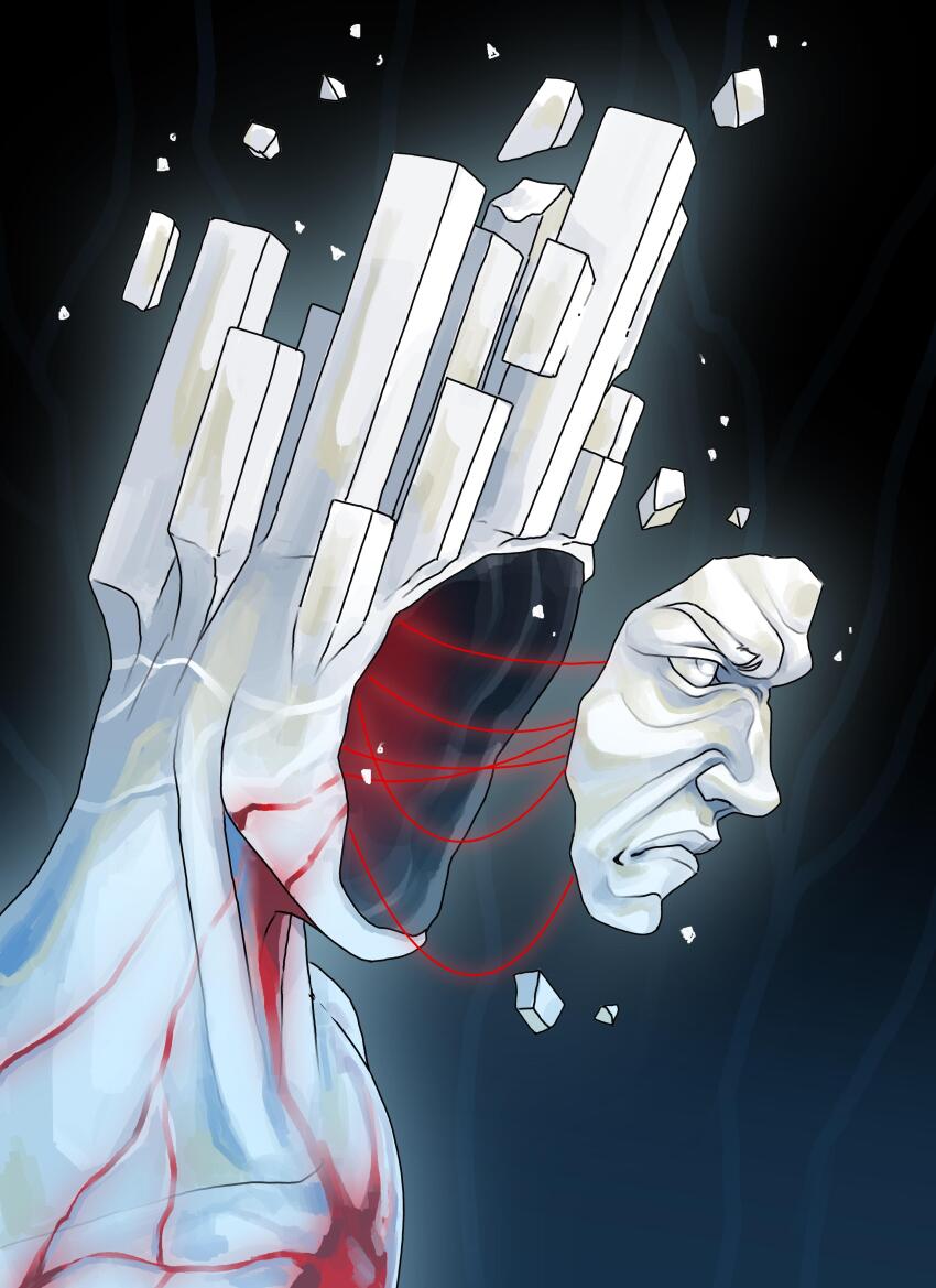 1boy, absurdres, black_background, blue_background, closed_mouth, commentary, dargonart, debris, detached_face, english_commentary, from_side, frown, highres, hollow_body, male_focus, minos_prime, nose, portrait, solo, ultrakill, veins