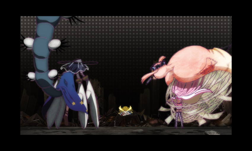 3girls, artist_request, battle, belt, black_background, black_border, black_footwear, black_gloves