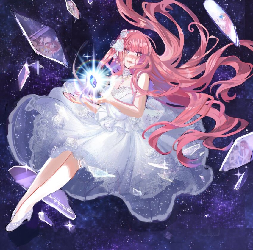 1girl, artist_name, bare_arms, bare_shoulders, blunt_bangs, blush, brown_eyes, choker