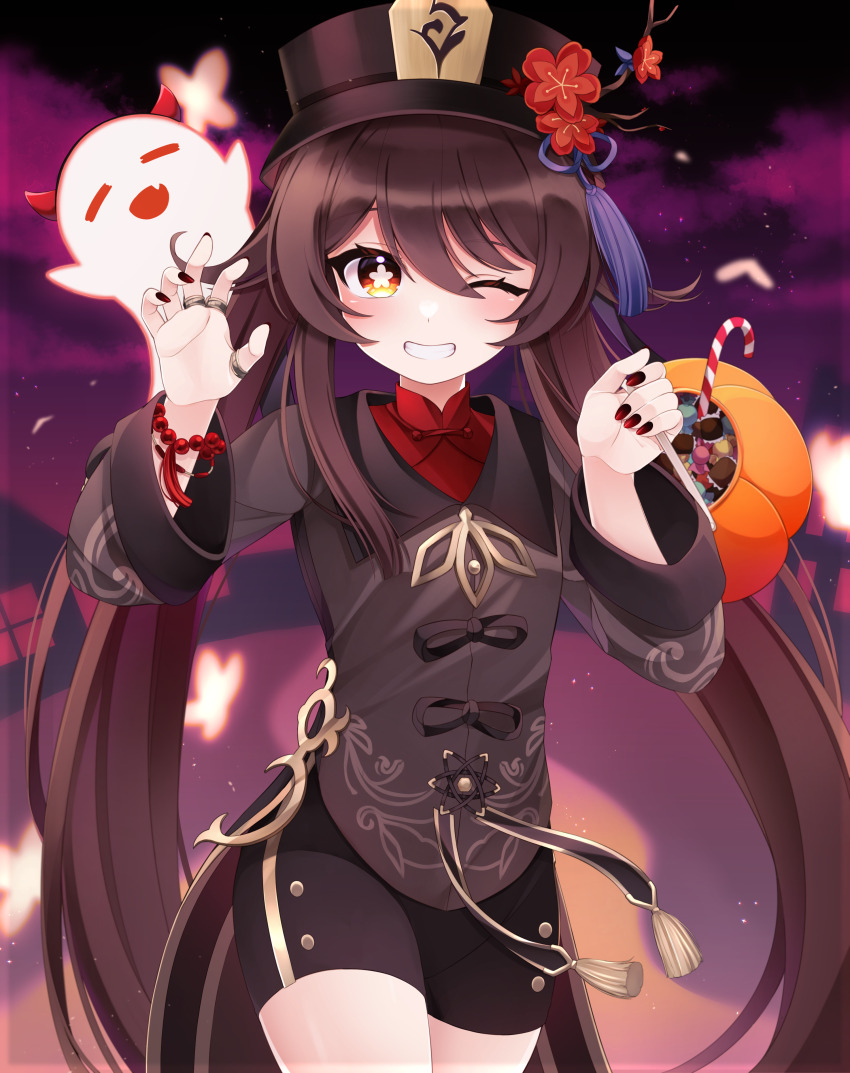 1girl, absurdres, black_pants, boo_tao_(genshin_impact), bowl, bowl_hat, brown_hair, brown_shirt