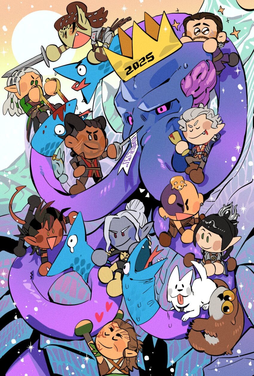 0_0, 2025, 5girls, 6+boys, astarion, baldur's_gate, baldur's_gate_3, blood, brain, chuchurrrrr, colored_skin, crown, dungeons_&amp;_dragons, elf, everyone, exposed_brain, gale_(baldur's_gate), gith_(d&amp;d), gradient_skin, halsin, hand_puppet, highres, holding, holding_sword, holding_tentacle, holding_weapon, jaheira, karlach, lae'zel, mindflayer, mini_person, miniboy, minigirl, minsc, minthara, multiple_boys, multiple_girls, no_nose, on_head, on_person, owlbear, person_on_head, pink_eyes, pointy_ears, puppet, purple_skin, scratch_(baldur's_gate), shadowheart_(baldur's_gate), sitting, sitting_on_person, size_difference, sparkle, standing_on_person, sword, tentacles, the_emperor_(baldur's_gate), tiefling, tongue, tongue_out, weapon, wyll_(baldur's_gate)