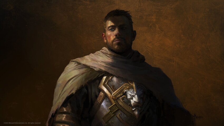 1boy, anduin_wrynn, armor, bayard_wu, beard, black_shirt, blonde_hair, blue_eyes