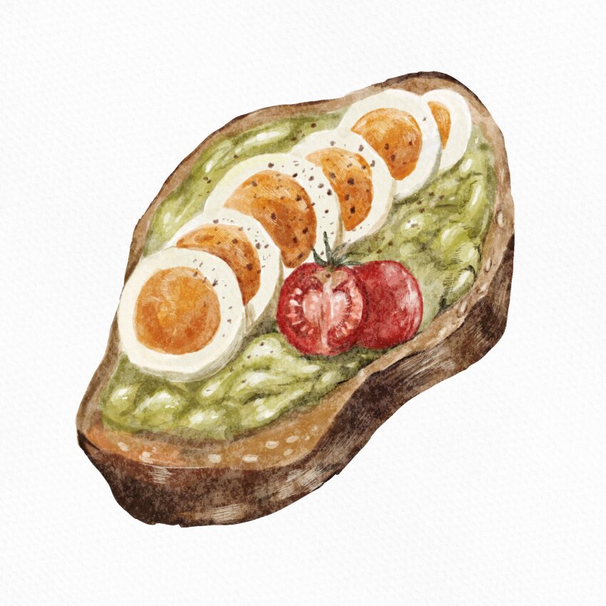 artist_name, bread, bread_slice, cherry_tomato, commentary_request, food, food_focus, guacamole