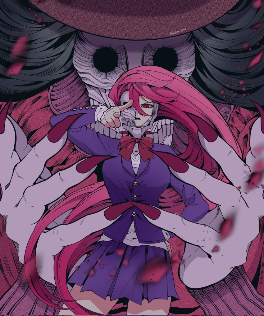 1girl, acrobatic_silky_(dandadan), alternate_form, dandadan, domi_006, ghost, highres, long_hair, mask, mouth_mask, pink_hair, school_uniform, shiratori_aira_(dandadan), transformation