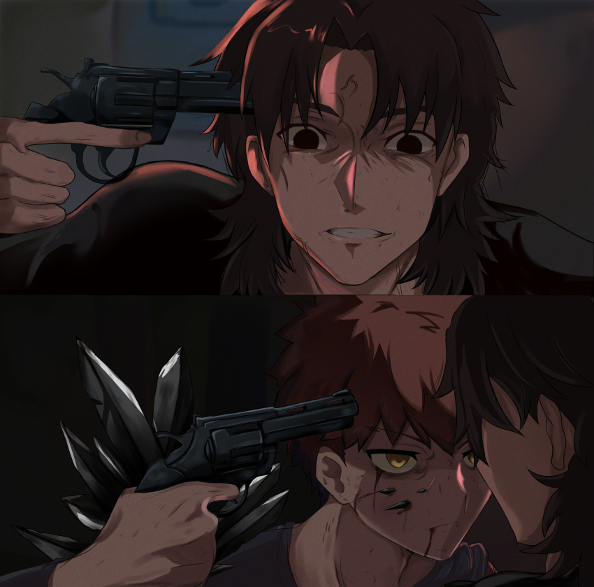 2boys, absurdres, black_keys_(type-moon), bleeding, blood, blood_from_mouth, blood_on_face, collage