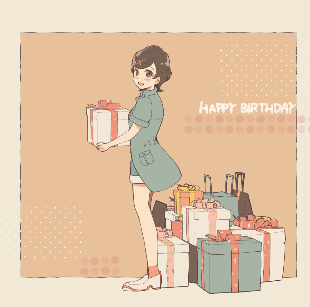 1girl, blue_jacket, blush, border, box, brown_eyes, brown_hair, classicaloid, full_body, gift, gift_box, happy_birthday, holding, holding_gift, jacket, kusano_gurima, looking_at_viewer, open_mouth, orange_socks, otowa_kanae, short_hair, shorts, socks, solo, white_footwear