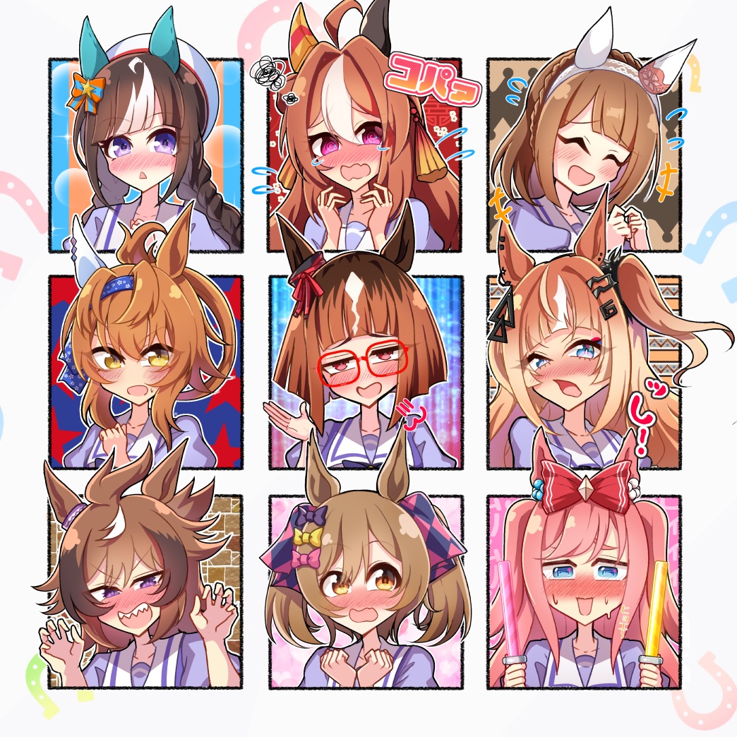 6+girls, @_@, a_passing_phantom, agnes_digital_(umamusume), animal_ears, blush, bow, breasts