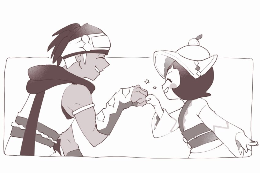 1boy, 1girl, 4keta, blush_stickers, closed_eyes, fist_bump, food, from_side