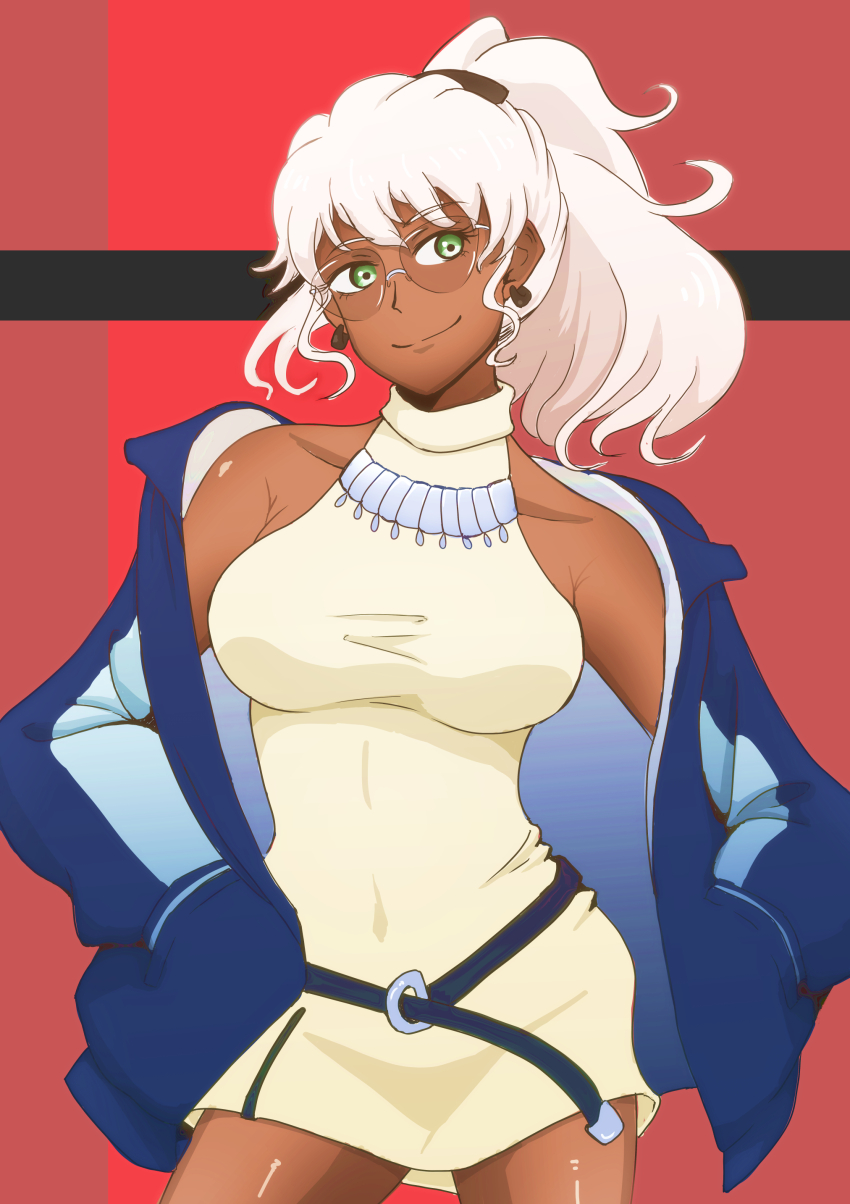 1girl, absurdres, blue_jacket, breasts, covered_navel, dark-skinned_female, dark_skin, earrings