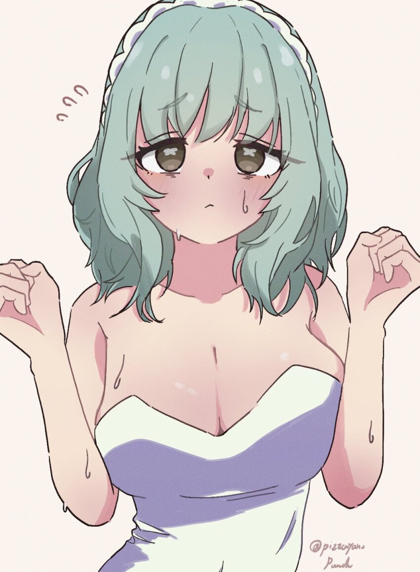 1girl, blush, breasts, brown_eyes, cleavage, female_focus, green_hair, highres