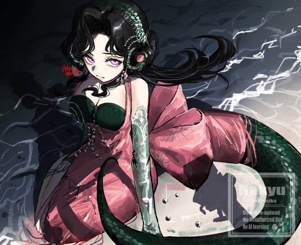 1girl, :/, anjo_nala, arm_support, black_hair, breasts, cleavage, closed_mouth