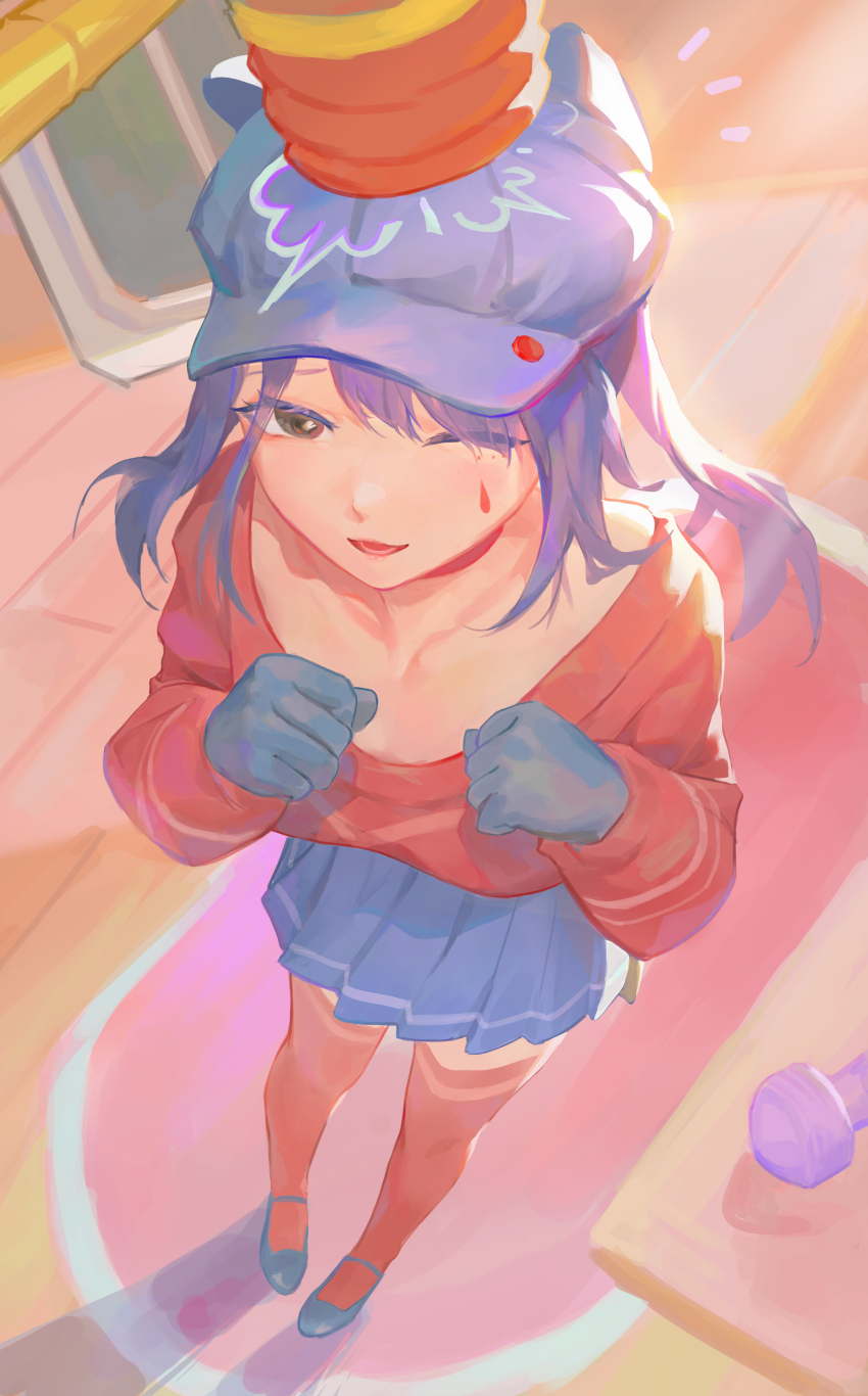 1girl, :d, ;d, absurdres, black_eyes, blue_gloves, breasts, clenched_hands