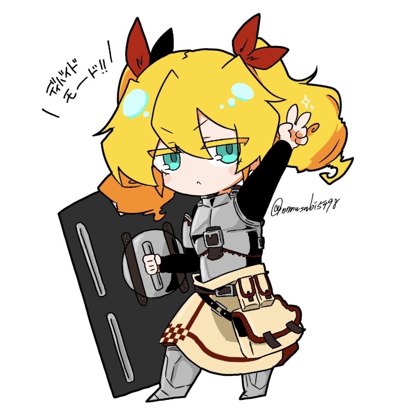 1girl, :<, aqua_eyes, armor, belt_pouch, blonde_hair, blush, chibi