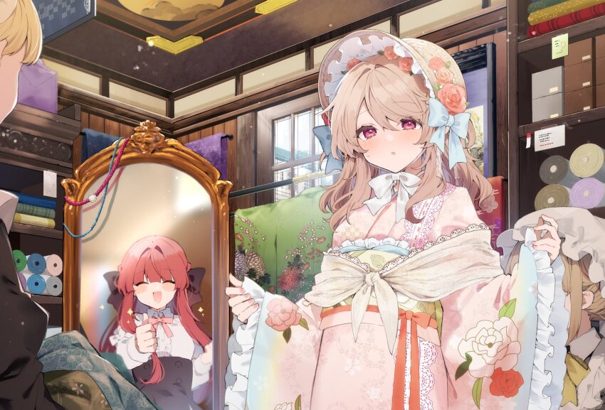 4girls, :d, :o, ^_^, anna_(ikeuchi_tanuma), black_bow, blue_bow, blush_stickers