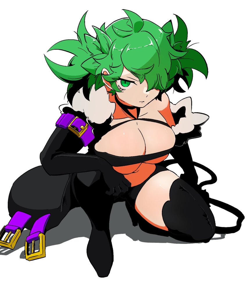 1girl, armband, black_gloves, black_shorts, black_thighhighs, breasts, buckle, cleavage