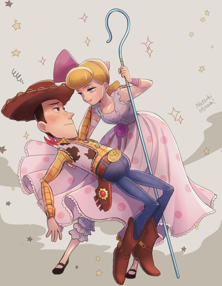 1boy, 1girl, blonde_hair, blue_eyes, bo_peep_(toy_story), boots, breasts, cowboy, cowboy_hat, cowboy_western, dress, full_body, hair_bun, hat, holding, long_sleeves, male_focus, natsuki_nori, pants, polka_dot, polka_dot_dress, puffy_short_sleeves, puffy_sleeves, ribbon, sheriff_woody, shirt, short_hair, short_sleeves, smile, toy_story, toy_story_4, western, white_background