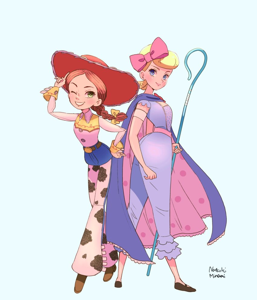 2girls, blonde_hair, blue_eyes, bo_peep_(toy_story), boots, breasts, cape, cowboy_boots