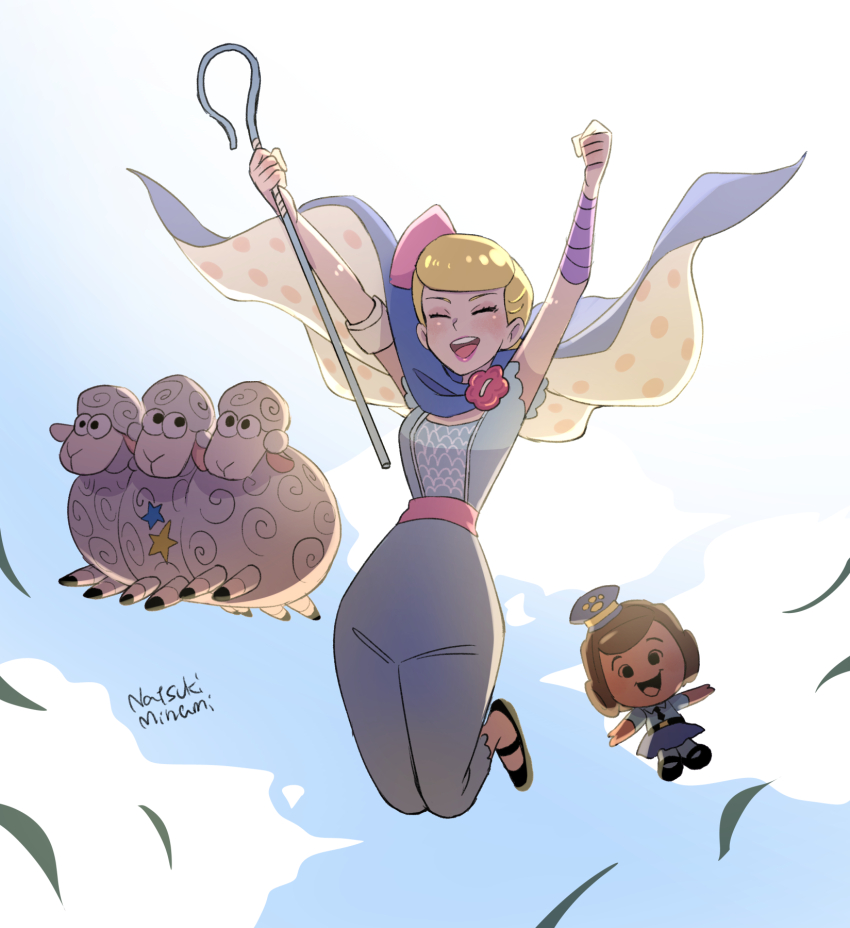 1girl, artist_name, blonde_hair, bo_peep_(toy_story), bodysuit, giggle_mcdimples_(toy_story), hair_bun, highres