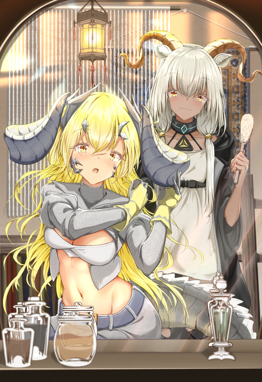 2girls, animal_ears, arknights, beeswax_(arknights), breasts, brown_eyes, cleavage, crocodilian_tail