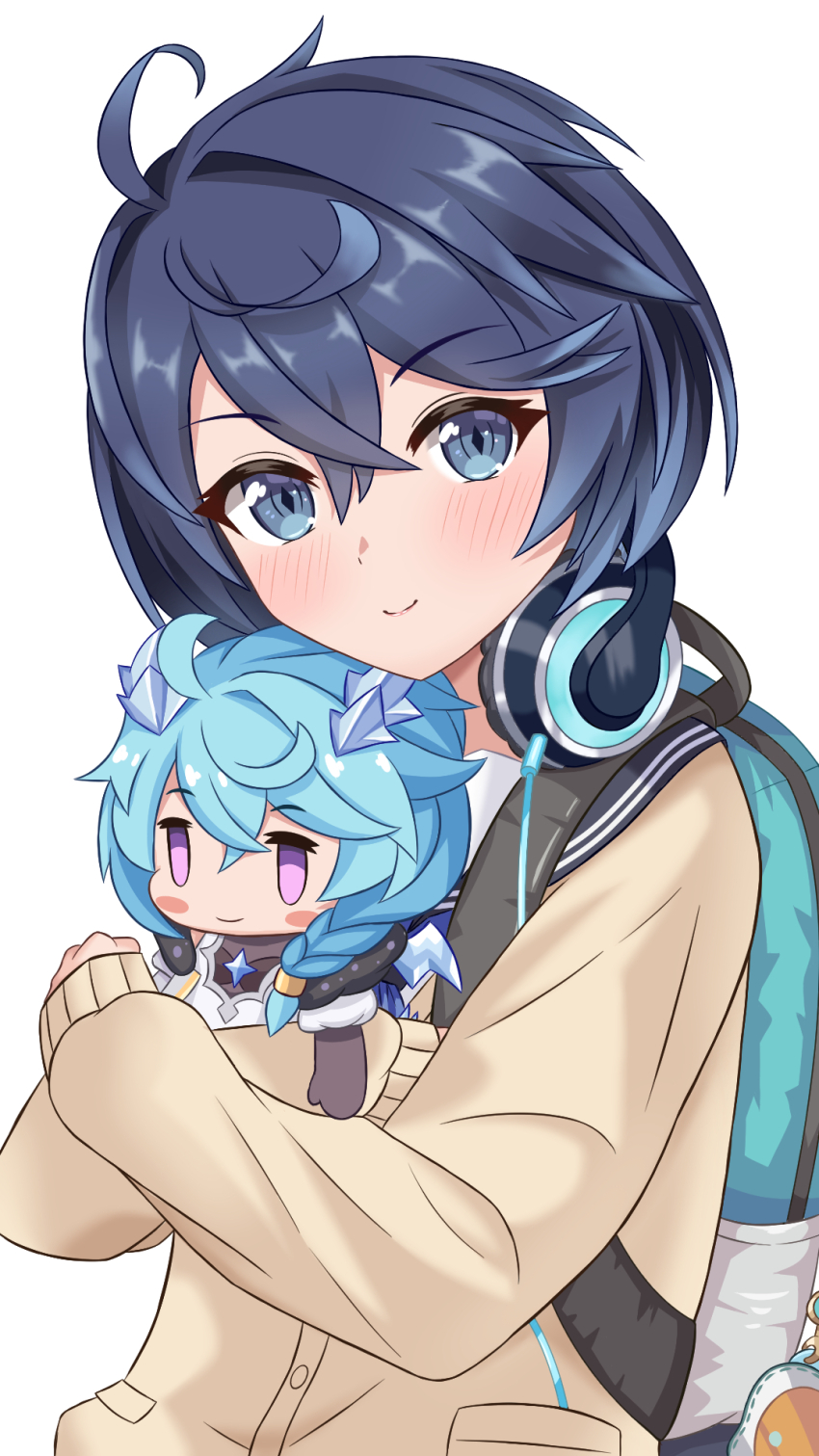 1girl, ahoge, backpack, bag, blue_bag, blue_eyes, blue_hair, blue_sailor_collar