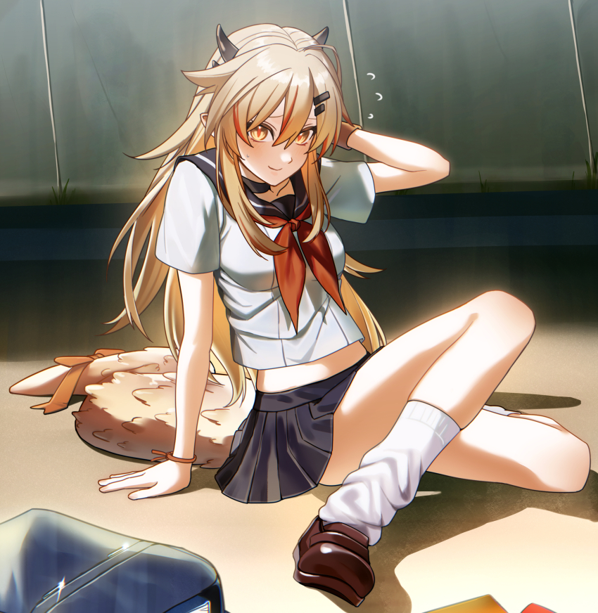 1girl, alchemy_stars, backpack, bag, black_skirt, blush, bow, breasts