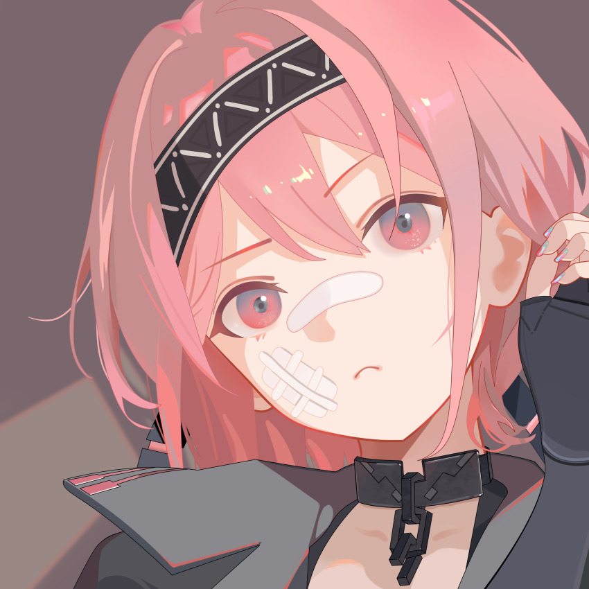 1girl, absurdres, bandaid, bandaid_on_face, bandaid_on_nose, black_gloves, black_hairband, closed_mouth