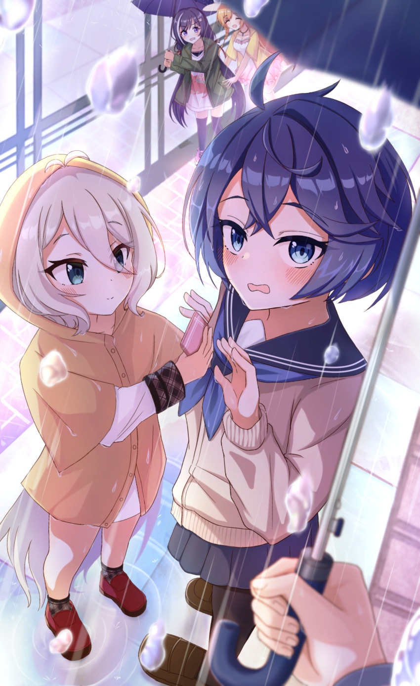 4girls, antenna_hair, black_pantyhose, black_thighhighs, blue_eyes, blue_hair, blue_neckerchief, blue_serafuku