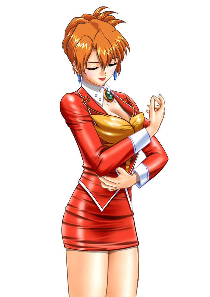 1990s_(style), 1girl, agent_aika, aika_(series), breasts, brown_hair, bustier, cleavage